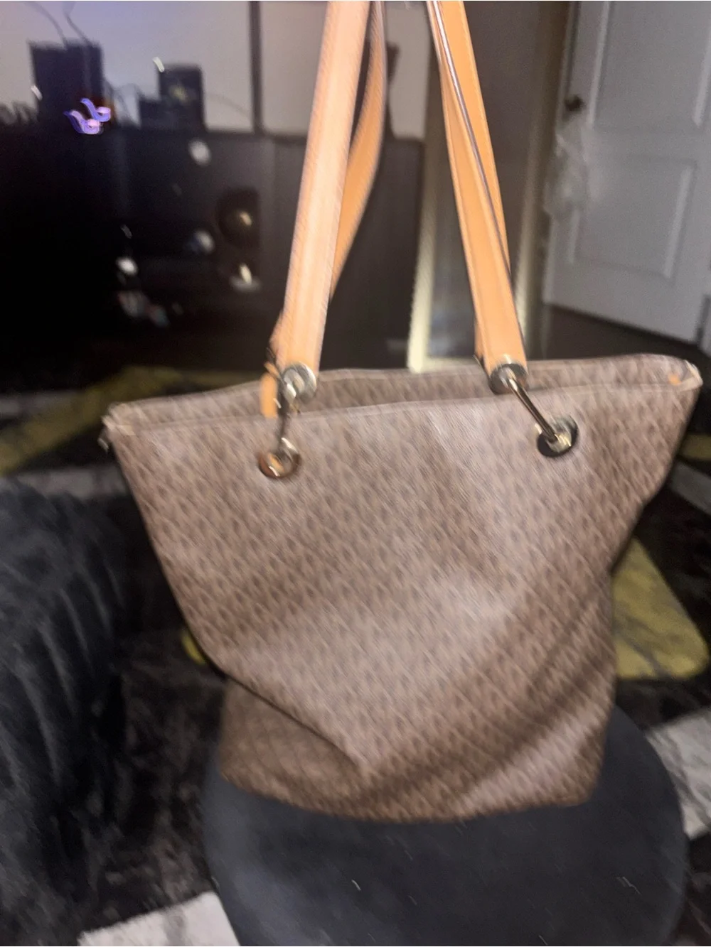 Michael Kors Brown MK Logo Shoulder Bag with Tan Straps. (INSIDE NEEDS CLEANED